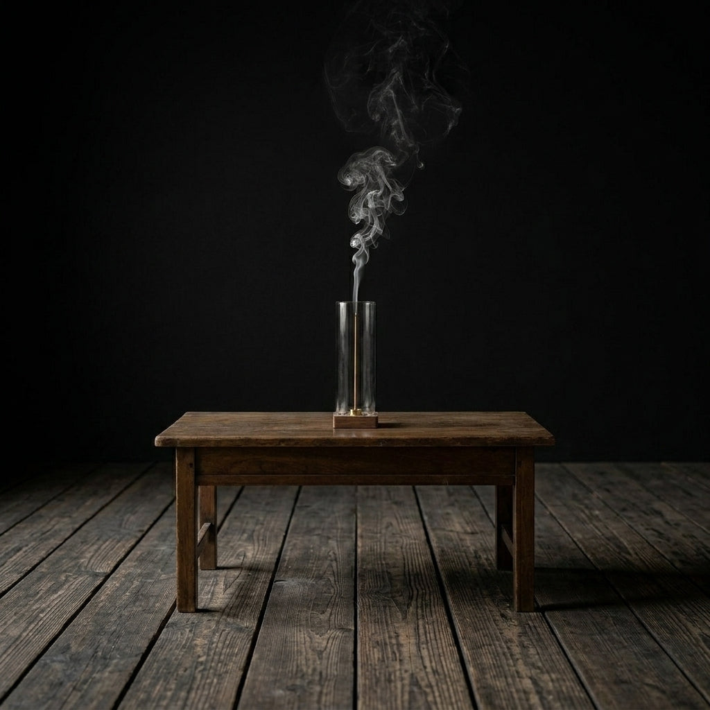 The glass incense holder alone on a low wooden table in a dark room, a thin line of smoke rising