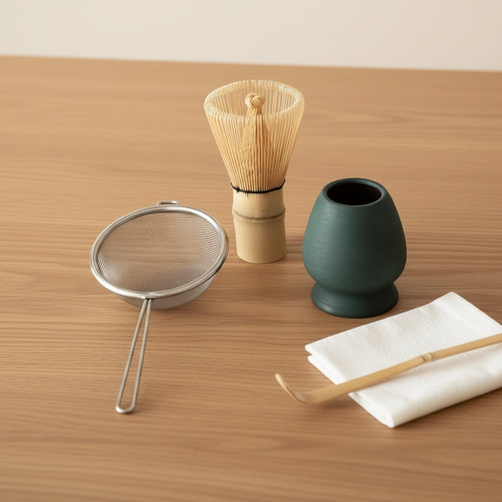 The set laid out on a wooden tray: sifter, bamboo whisk, whisk holder, bamboo scoop and tea cloth