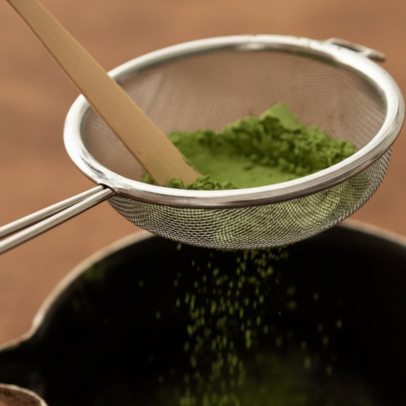 Matcha powder sifted through a mesh strainer into the bowl below, a bamboo scoop resting in the strainer