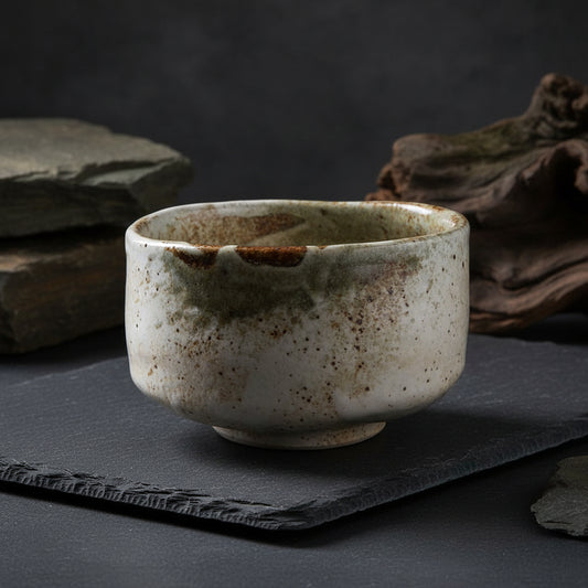 The chawan on a slate slab, stone and driftwood behind it