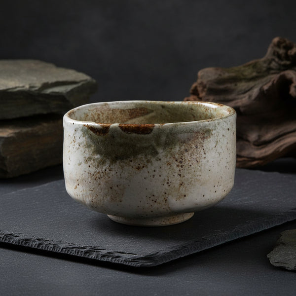 The chawan on a slate slab, stone and driftwood behind it