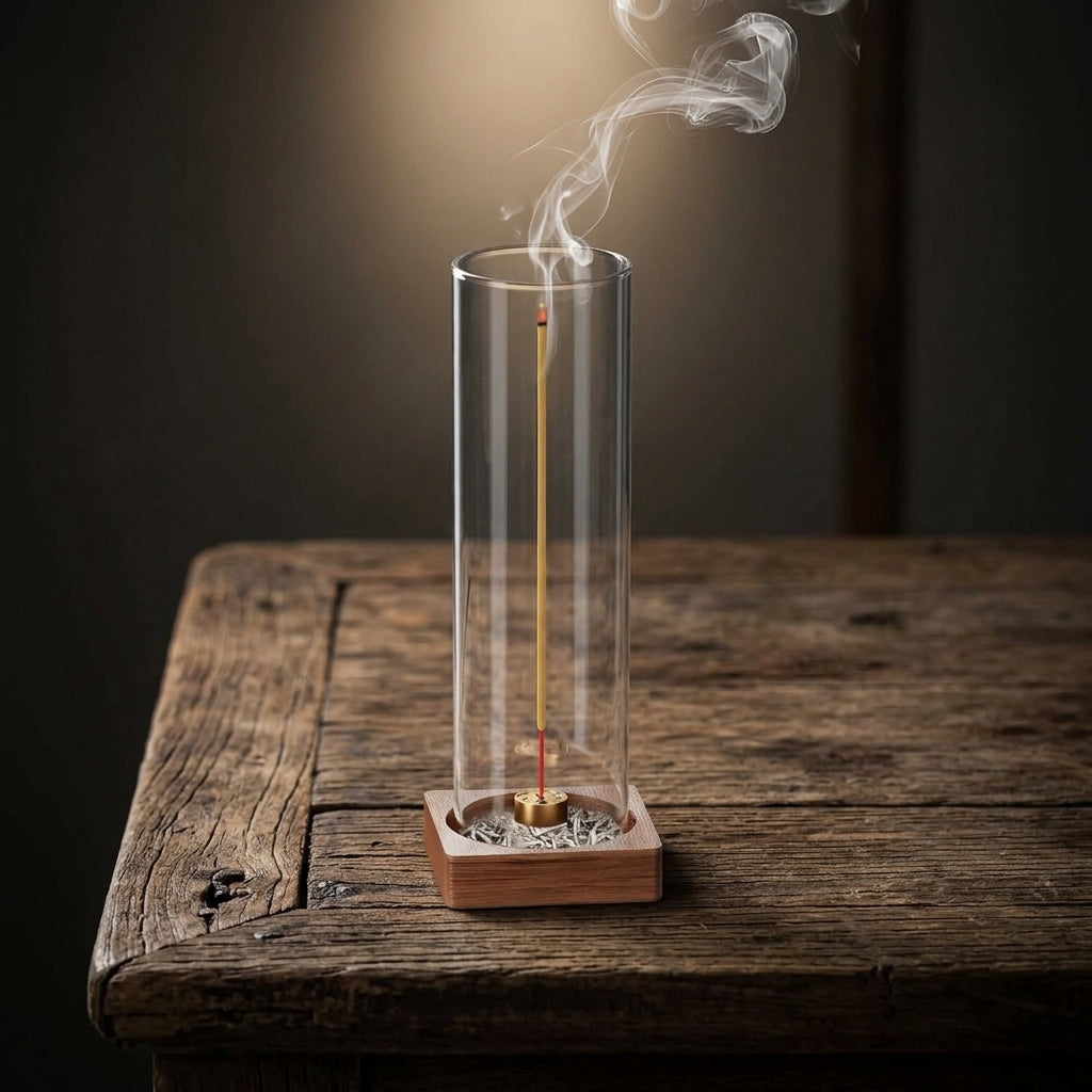 One glass incense holder on an old wooden table, a stick burning inside the cylinder and smoke rising from the open top