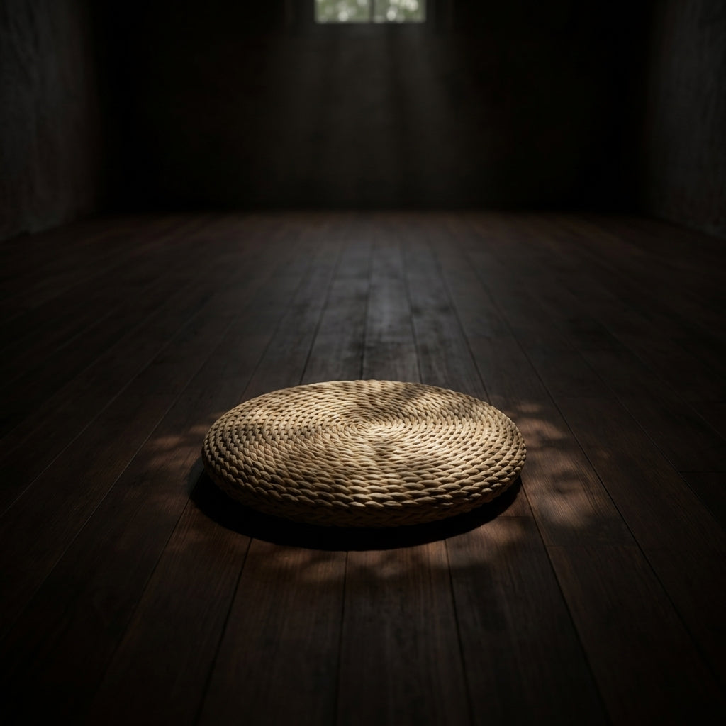 The cushion on a dark wooden floor in a bare room, lit from a window behind it