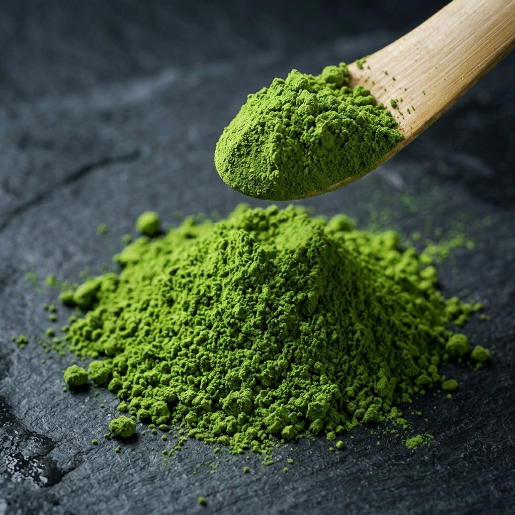 Bright green matcha powder on a bamboo scoop, above a mound of sifted powder