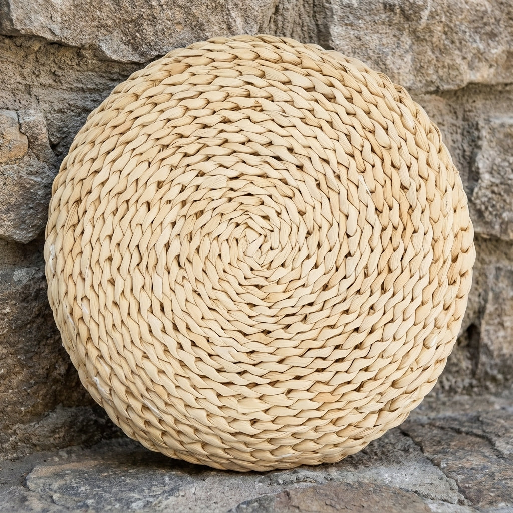 The cushion stood against a rough stone wall, the braiding lit from the side