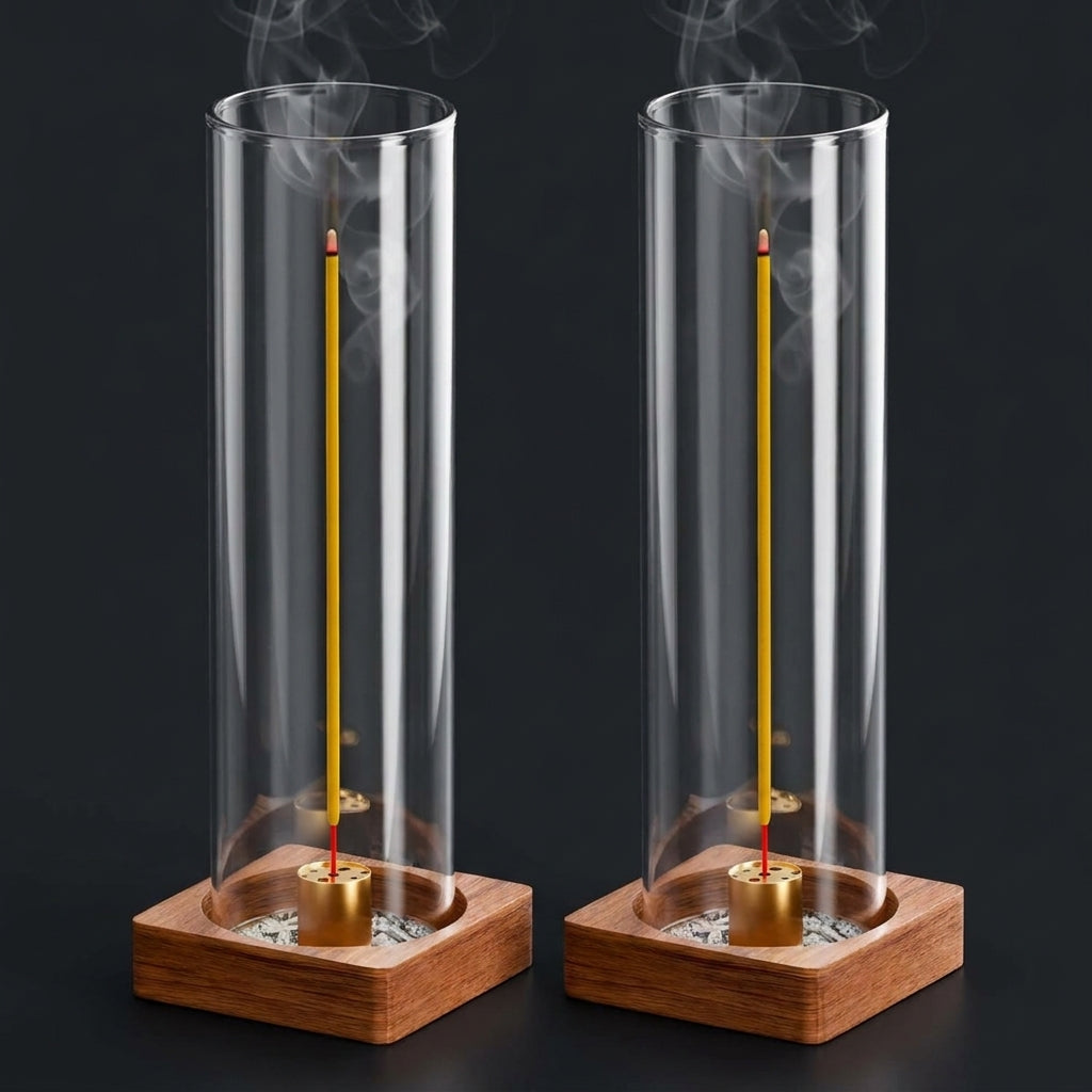 Two glass incense holders side by side, each a tall glass cylinder on a square walnut base with a brass stand inside, incense burning in both