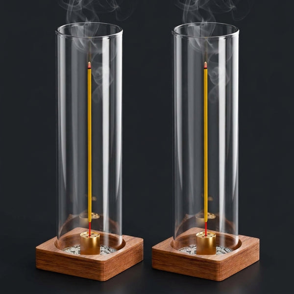 Two glass incense holders side by side, each a tall glass cylinder on a square walnut base with a brass stand inside, incense burning in both