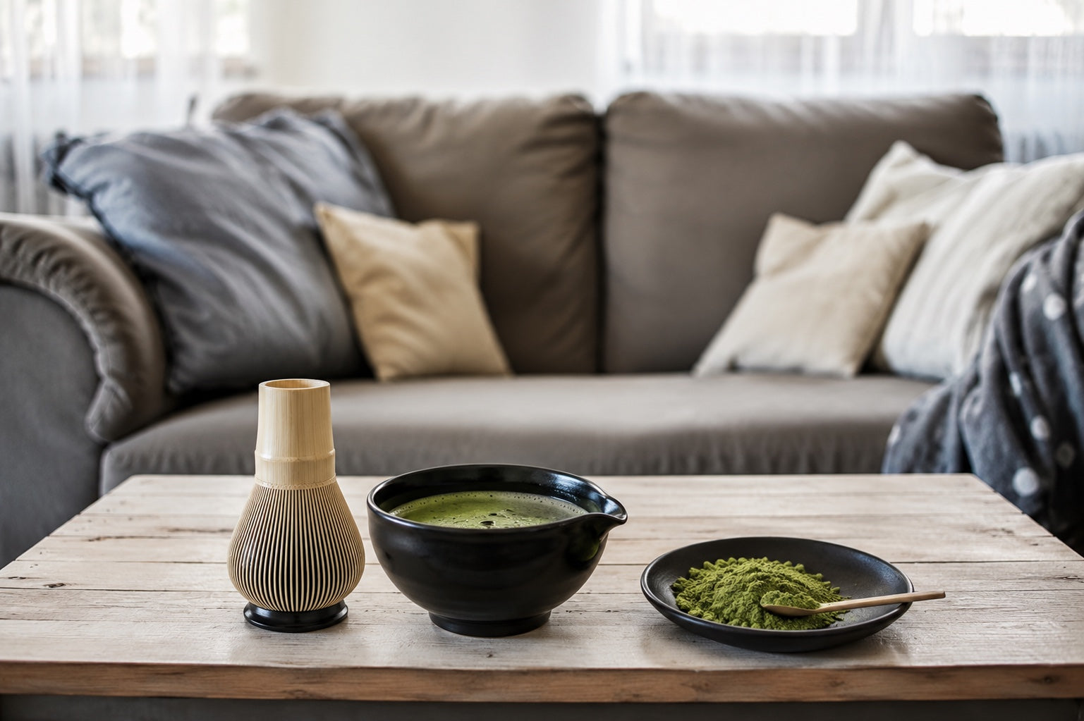 A bamboo whisk, black matcha bowl, and plate of matcha powder set on a wooden coffee table in front of a gray Western-style sofa