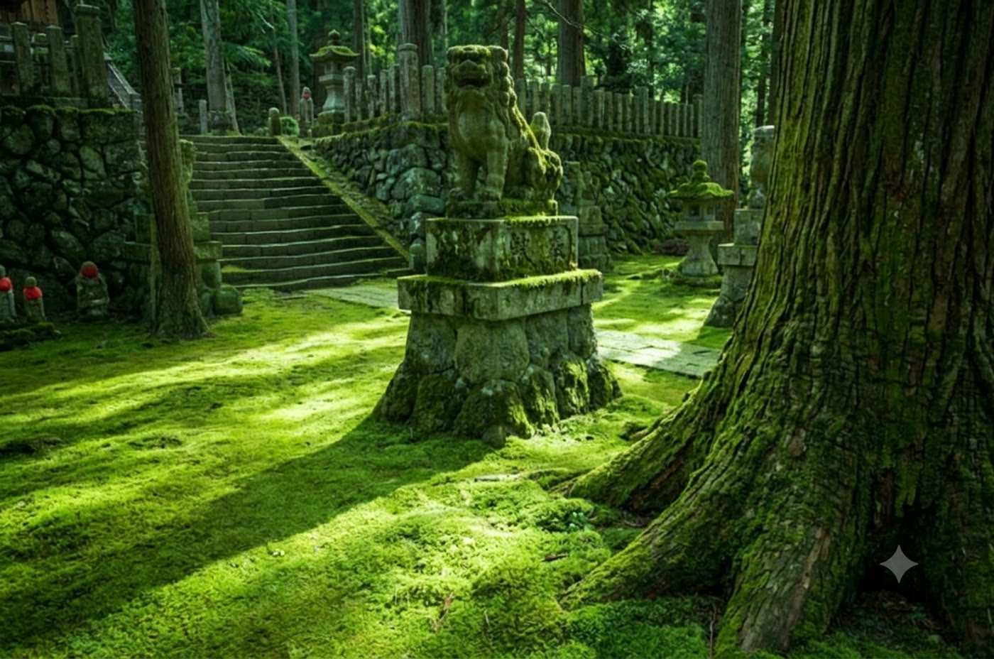 A moss-covered shrine path with a stone guardian statue